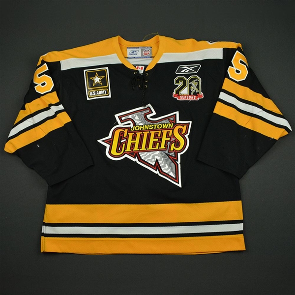 Saunders, Nathan * <br>Black - w/ Chiefs 20 Seasons Patch and ECHL 20 Year Patches<br>Johnstown Chiefs 2007-08<br>#6 Size: 56
