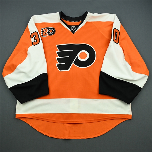 Bryzgalov, Ilya<br>Orange w/Mark Howe #2 Retirement Night Patch 3/6/12<br>Philadelphia Flyers 2011-12<br>#30 Size: 58G