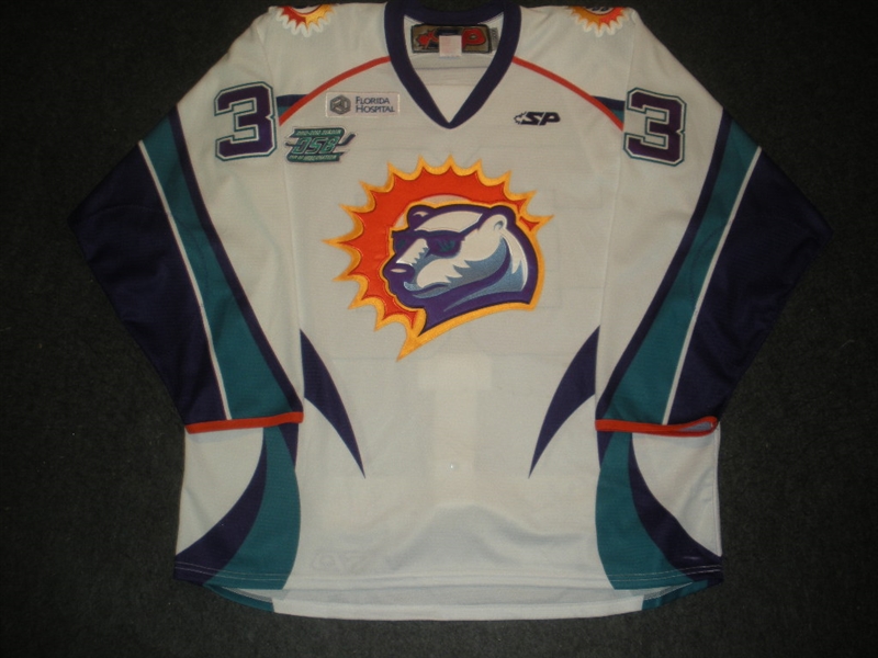 Lampman, Bryce<br>White Set 1 w/ Out of Hibernation patch<br>Orlando Solar Bears 2012-13<br>#33 Size: 56