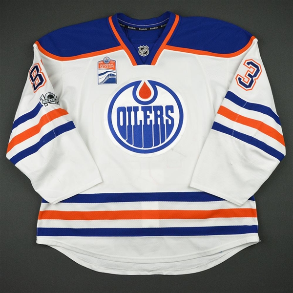 Benning, Matthew<br>White Set 2 w/ NHL Centennial & Rogers Place Inaugural Season Patches<br>Edmonton Oilers 2016-17<br>#83 Size: 56