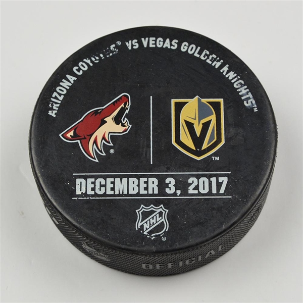 Vegas Golden Knights Warmup Puck<br>December 3, 2017 vs. Arizona Coyotes<br>Vegas Golden Knights 2017-18<br>