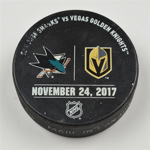 Vegas Golden Knights Warmup Puck<br>November 24, 2017 vs. San Jose Sharks <br>Vegas Golden Knights 2017-18<br>