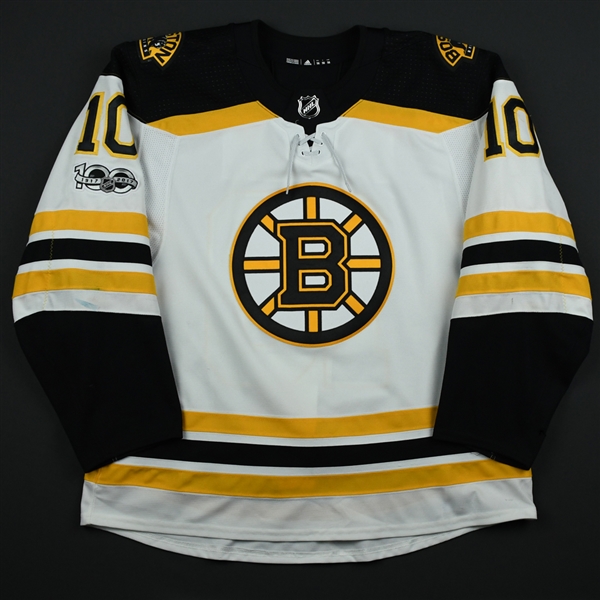 Bjork, Anders<br>White Set 1 w/ NHL Centennial Patch - 1st NHL Goal <br>Boston Bruins 2017-18<br>#10 Size: 56