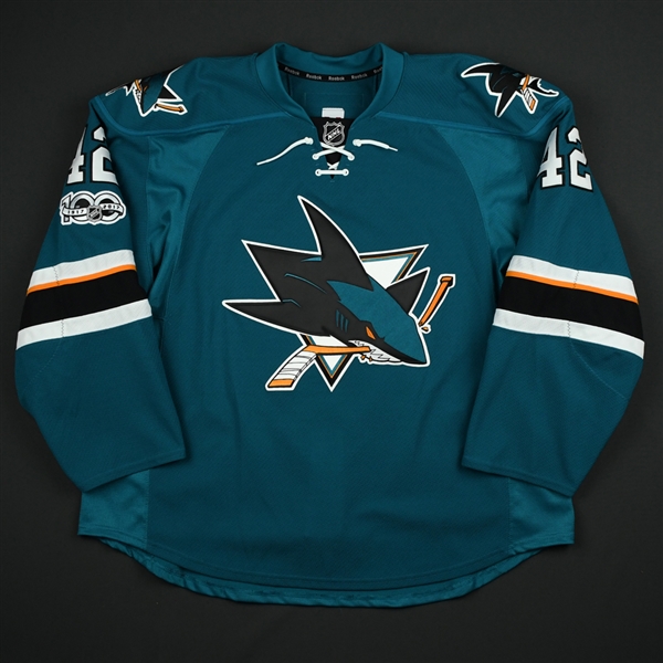 Ward, Joel *<br>Teal - w/ Centennial patch - worn on 4-4-17 - Photo-Matched<br>San Jose Sharks 2016-17<br>#12 Size: 58