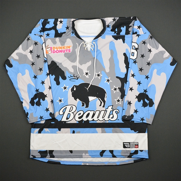 Sibley, Jessica<br>Blue Camouflage - Military Appreciation - Game-Issued<br>Buffalo Beauts 2017-18<br>#6 Size: MD