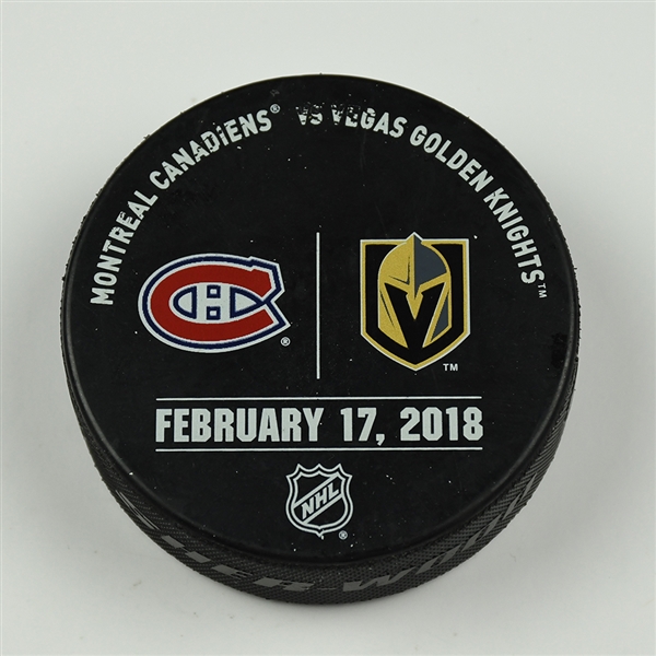 Vegas Golden Knights Warmup Puck<br>February 17, 2018 vs. Montreal Canadiens <br> 2017-18