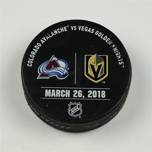 Vegas Golden Knights Warmup Puck<br>March 26, 2018 vs. Colorado Avalanche<br> 2017-18<br>Playoff-Clinching Game