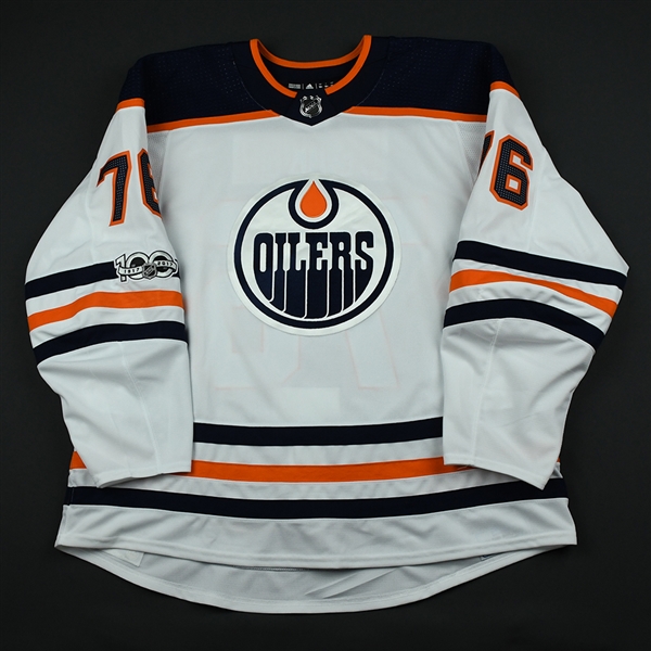 Betker, Ben<br>White Set 1 w/ NHL Centennial Patch - Game-Issued (GI)<br>Edmonton Oilers 2017-18<br>#76 Size: 58+