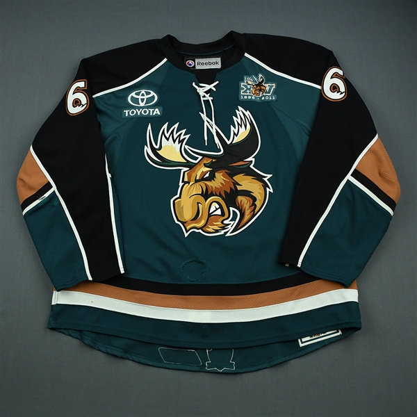 Connauton, Kevin *<br>Teal w/ Moose 15 year anniversary patch and AHL 75 seasons patch - Photo-Matched<br>Manitoba Moose 2010-11<br>#6 Size: 58