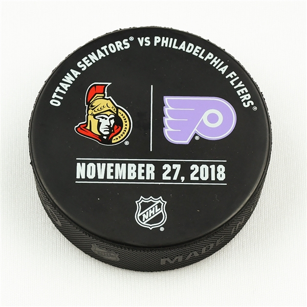 Philadelphia Flyers Warmup Puck<br>November 27, 2018 vs. Ottawa Senators - Hockey Fights Cancer Logo<br>Philadelphia Flyers 2018-19<br> 
