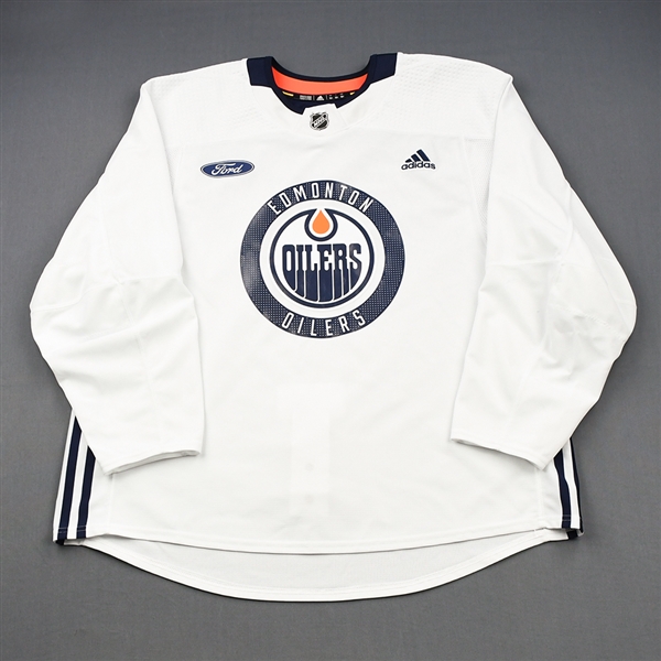adidas<br>White Practice Jersey w/ Ford Patch <br>Edmonton Oilers 2018-19<br># Size: 58+
