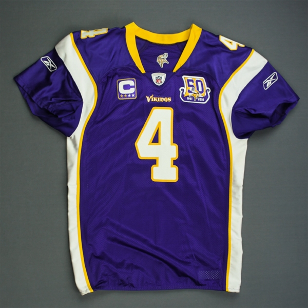 Favre, Brett *<br>Purple w/C & 50-Year Patch - worn 9/9/10 vs. New Orleans Saints, 2nd Half - Autographed and Inscribed - Photo-Matched<br>Minnesota Vikings 2010<br>#4 Size: 48Q
