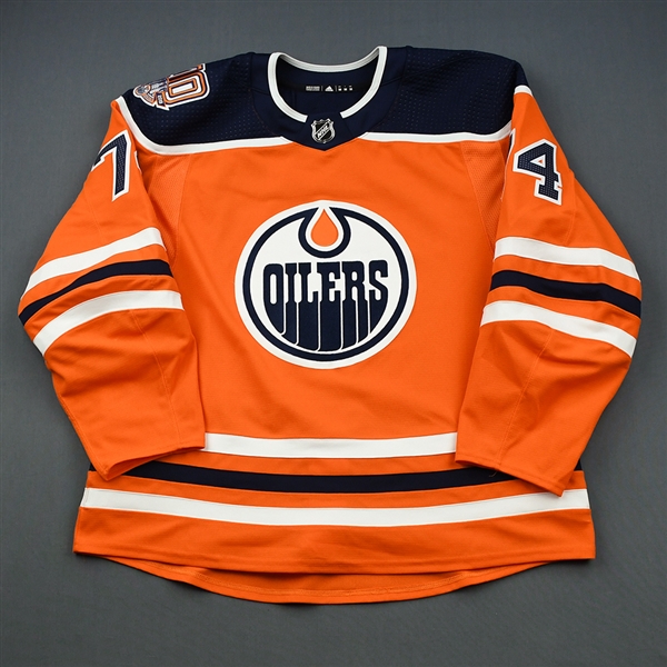 Bear, Ethan<br>Orange Set 1 w/ 40th Anniversary Patch - Preseason Only<br>Edmonton Oilers 2018-19<br>#74 Size: 56