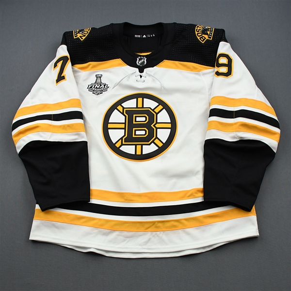 Lauzon, Jeremy<br>White Stanley Cup Final Set 1 - Game-Issued (GI)<br>Boston Bruins 2018-19<br>#79 Size: 56