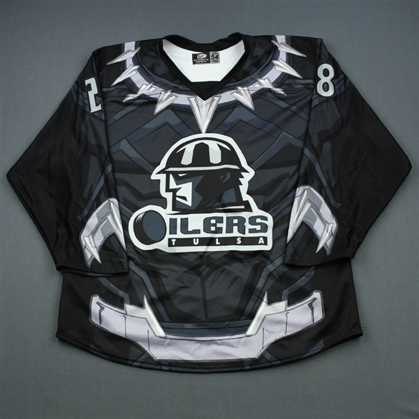 Tesink, Ryan<br>MARVEL Black Panther (Game-Issued) - March 31, 2019 vs. Utah Grizzlies<br>TUlsa Oilers 2018-19<br>#28 Size: 54