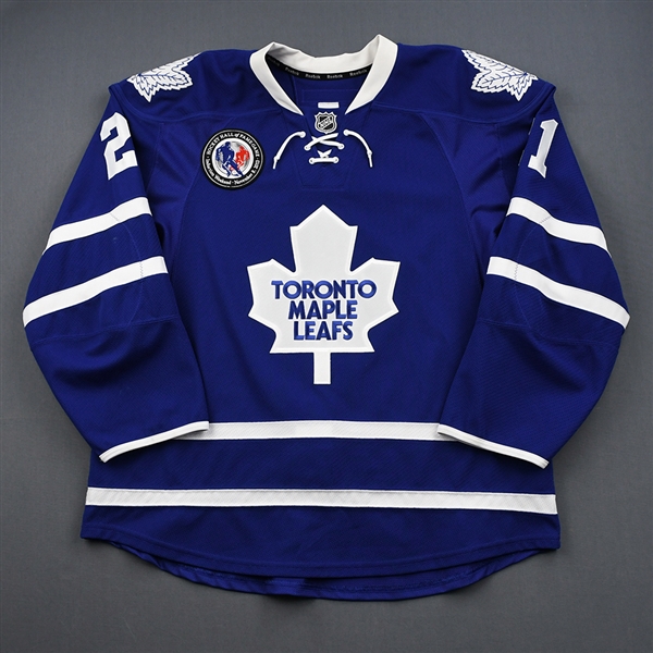 van Riemsdyk, James*<br>Blue - w/ Hockey Hall of Fame Game patch - Photo-Matched<br>Toronto Maple Leafs 2013-14<br>#21 Size: 56