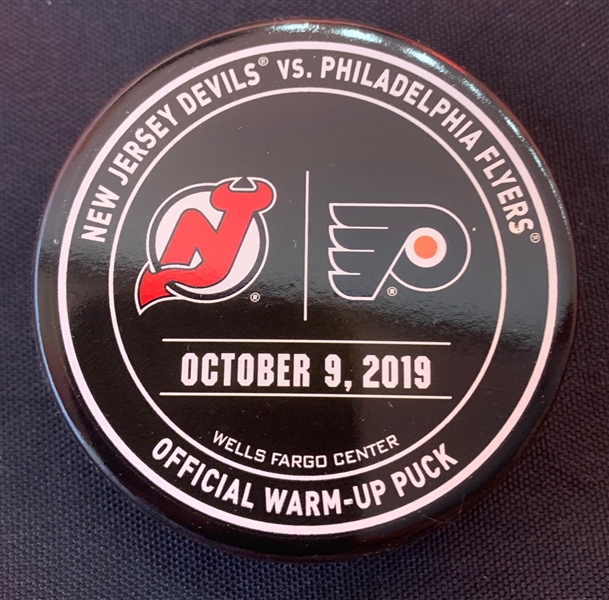Philadelphia Flyers Warmup Puck<br>October 9, 2019 vs. New Jersey Devils - Carter Harts 1st NHL Career Shutout<br>Philadelphia Flyers 2019-20<br>