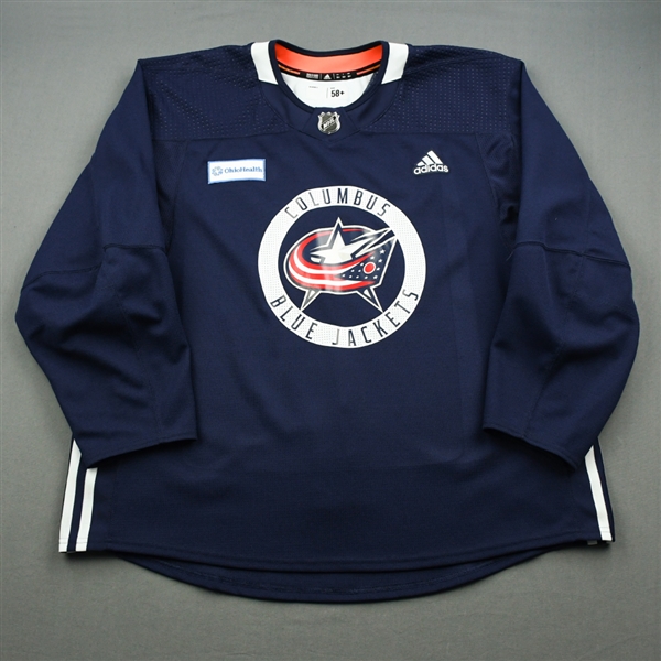 adidas<br>Navy Practice Jersey w/ OhioHealth Patch <br>Columbus Blue Jackets 2018-19<br> Size: 58+