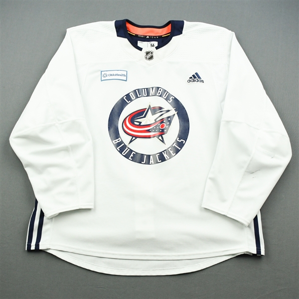 adidas<br>White Practice Jersey w/ OhioHealth Patch <br>Columbus Blue Jackets 2018-19<br> Size: 56