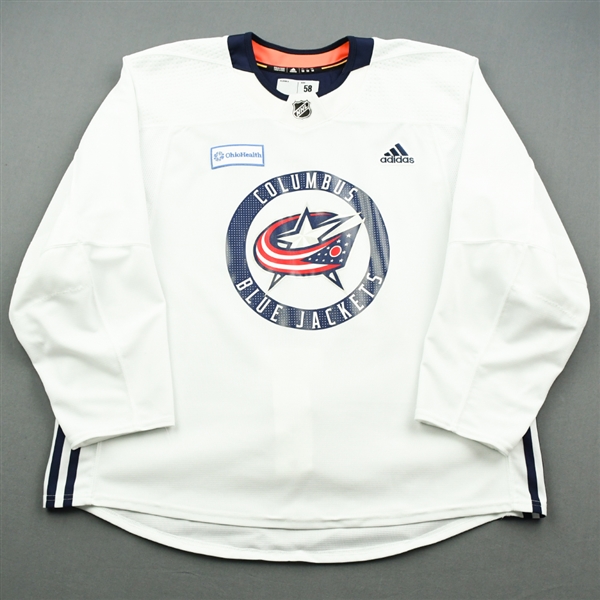 adidas<br>White Practice Jersey w/ OhioHealth Patch <br>Columbus Blue Jackets 2018-19<br> Size: 58