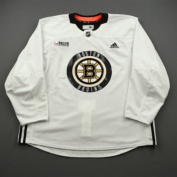 adidas<br>White Practice Jersey w/ ORG Packaging Patch <br>Boston Bruins 2019-20<br> Size: 58+