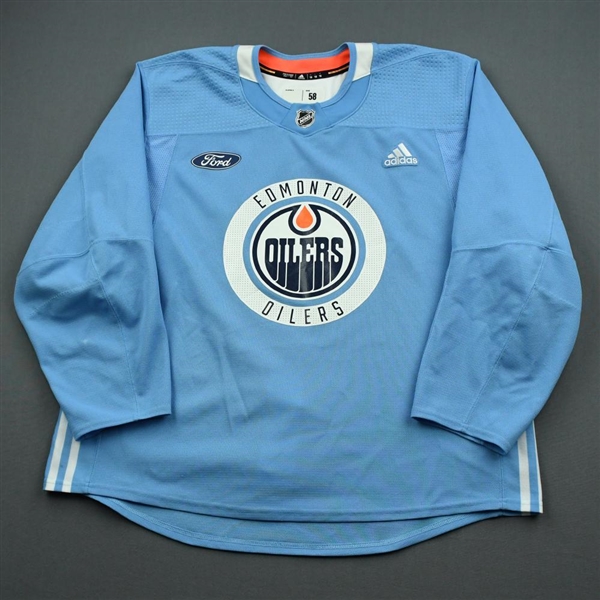 adidas <br>Light Blue Practice Jersey w/ Ford Patch<br>Edmonton Oilers 2019-20<br> Size: 58