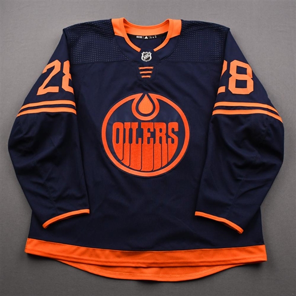 Athanasiou, Andreas<br>Navy Alternate Set 2 - Game-Issued (GI)<br>Edmonton Oilers 2019-20<br>#28 Size: 56