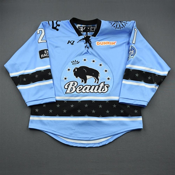 Meneghin, Kayla<br>Blue Lake Placid Set w/ Isobel Cup & End Racism Patch<br>Buffalo Beauts 2020-21<br>#21 Size:  MD