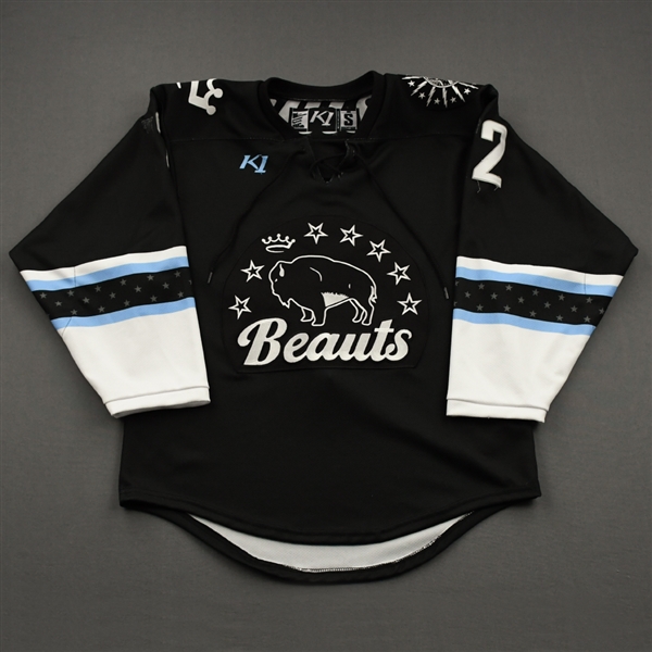 NNOB (No Name on Back), <br>Black w/ #12 Removed From Back, #1 Removed From Sleeves (Game-Issued)<br>Buffalo Beauts 2020-21<br> Size:  SM