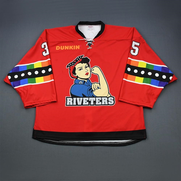 Fitzgerald, Katie *<br>Red You Can Play - Worn February 2, 2019 vs. Buffalo Beauts (Autographed)<br>Metropolitan Riveters 2018-19<br>#35 Size: 58G