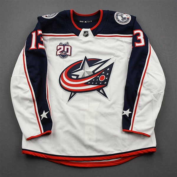 Atkinson, Cam<br>White Set 2 w/ 20th Anniversary Patch - Game-Issued (GI)<br>Columbus Blue Jackets 2020-21<br>#13 Size: 54