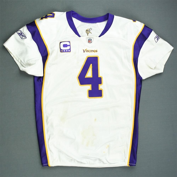 Favre, Brett *<br>White w/C - worn 12/06/09 vs. Arizona - 2nd Half Only - Autographed and Inscribed - Photo-Matched <br>Minnesota Vikings 2009<br>#4 Size: 48 Q