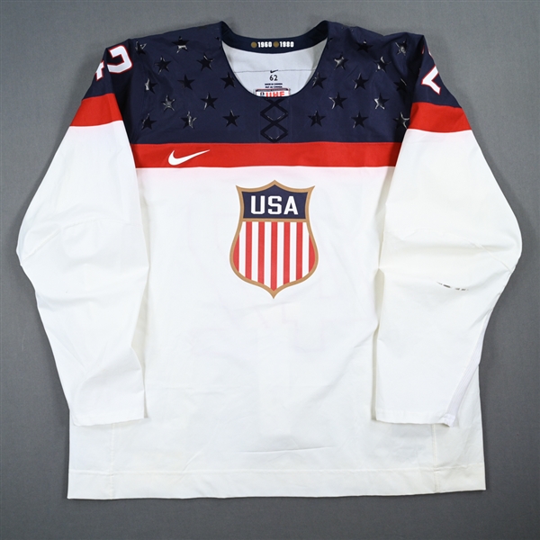 Backes, David *<br>White, Sochi Olympics, 2-13-14 vs. Slovakia (Warm-up and 1st Period)<br>Team USA Hockey 2014<br>#42 Size: 62