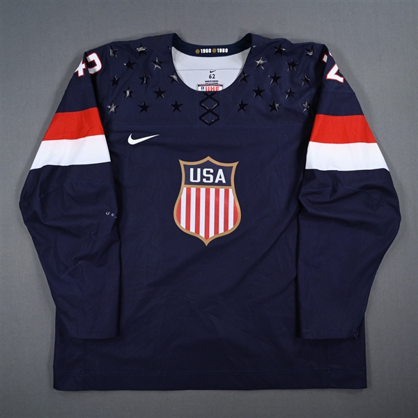 Backes, David *<br>Blue, Sochi Olympics, 2-15-14 vs. Russia - 2nd, 3rd Periods, Overtime & Shootout<br>Team USA Hockey 2014<br>#42 Size: 62