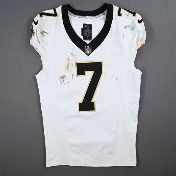 Hill, Taysom<br>White - Worn September 24, 2023 at Green Bay Packers - PHOTO-MATCHED<br>New Orleans Saints 2023<br>#7 Size: 42 SHORT CAP
