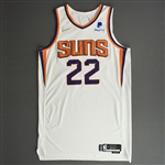 Ayton, Deandre<br>White Association Edition - Worn 3/8/22 - 1 of 2 (Recorded a Double-Double)<br>Phoenix Suns 2021-22<br>#22 Size: 50+6