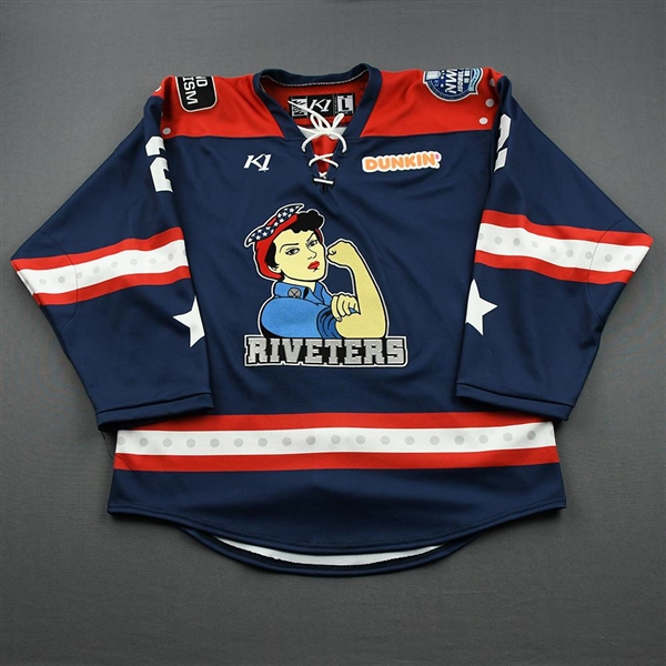 Fieseler, Samantha<br>Navy Lake Placid Set w/ Isobel Cup & End Racism Patch<br>Metropolitan Riveters 2020-21<br>#2 Size:  LG