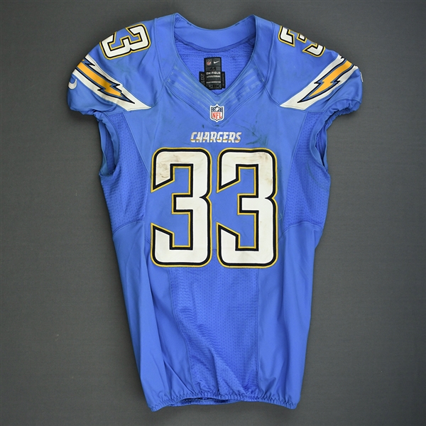 McClain, LeRon<br>Powder Blue - worn October 14, 2013 vs Indianapolis<br>San Diego Chargers 2013<br>#33 Size: 44 L-BK