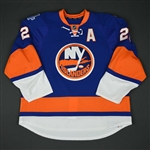 Okposo, Kyle * <br>Blue w/ A - Brooklyn Inaugural Season and Al Arbour Memorial patches<br>New York Islanders 2015-16<br>#21 Size: 58