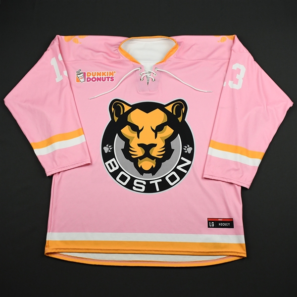 Fratkin, Kaleigh<br>Strides for the Cure - Worn February 2, 2018 vs. Connecticut Whale<br>Boston Pride 2017-18<br>#13 Size: LG
