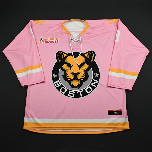 Stearns, Corey<br>Strides for the Cure - Worn February 2, 2018 vs. Connecticut Whale<br>Boston Pride 2017-18<br>#9 Size: LG