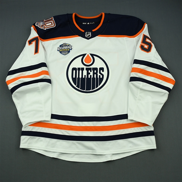 Bouchard, Evan<br>White Global Series Sweden w/ 40th Anniversary Patch - October 6, 2018 - 2nd Period<br>Edmonton Oilers 2018-19<br>#75 Size: 58