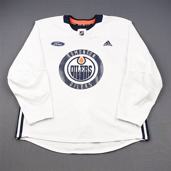 adidas<br>White Practice Jersey w/ Ford Patch <br>Edmonton Oilers 2018-19<br># Size: 58