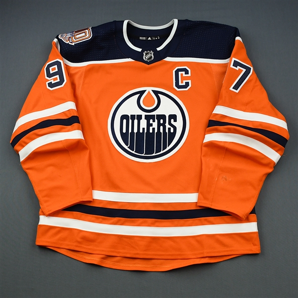 McDavid, Connor<br>Orange Set 3B w/C, w/ 40th Anniversary Patch - Worn in 6 Games<br>Edmonton Oilers 2018-19<br>#97 Size: 56