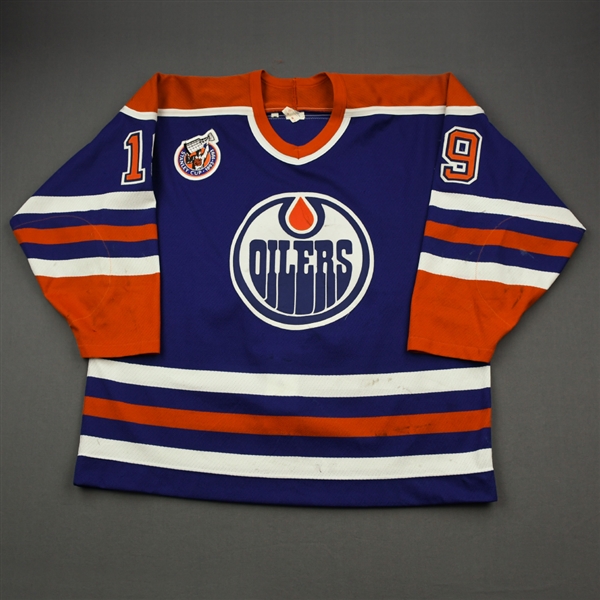Benning, Brian *<br>Blue w/Stanley Cup 1893-1993 100th Anniversary Patch<br>Edmonton Oilers 1992-93<br>#19 Size: 54