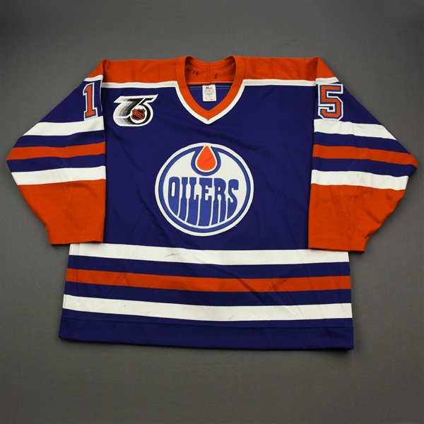 Rice, Steven *<br>Blue w/NHL 75th Anniversary Patch<br>Edmonton Oilers 1991-92<br>#15 Size: 54