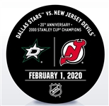 New Jersey Devils Warmup Puck<br>February 1, 2020 vs. Dallas Stars<br>New Jersey Devils 2019-20<br>20th Anniversary - 2000 Stanley Cup Champions