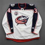 Bayreuther, Gavin<br>White Set 1 w/ 20th Anniversary Patch - Game-Issued (GI)<br>Columbus Blue Jackets 2020-21<br>#43 Size: 56