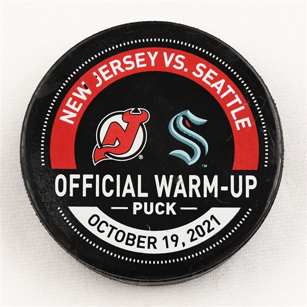 New Jersey Devils Warmup Puck<br>October 19, 2021 vs. Seattle Kraken - Warm-Up Used Puck<br>New Jersey Devils 2021-22<br>