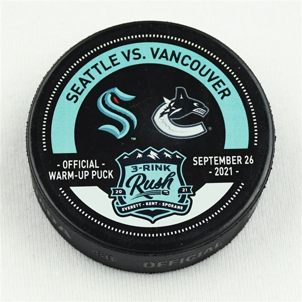 Seattle Kraken Warmup Used Puck<br>September 26, 2021 vs. Vancouver Canucks - Warm-Up Used Puck - Krakens 1st NHL Preseason Game<br>Seattle Kraken 2021-22<br>